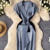 Vintage National Trend Denim Dress Women's New Chinese-Style Retro Embroidery Waist Thin Open Fork Ass Fashion Dress