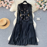 French Small Scented Dress Female Senior Feeling Heavy Industry Nail Bead Metal Collar Lace Splicing Hundred Folded Fairy Dress