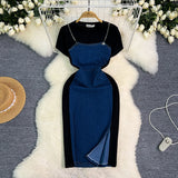 Fake Two Dresses Women's Korean Version Of The Fashion Round Neck Short Sleeves To Receive Waist Thin Denim Dress 0453