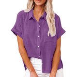 Wish Summer New Women's Solid Color Linen Shirt Short Sleeve Casual Loose Shirt