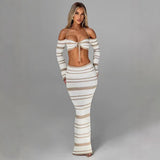 2025 New Hottie Women's Suit Summer Striped Long-Sleeved Hanging Neck Top Skirt Two-Piece Women