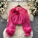 French Shirt Female Design Sense Small Three-Dimensional Flower Bubble Sleeves To Reduce The Age Of Pure Color Chiffon Shirt Women's Long-Sleeved Top
