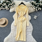 French Small Fragrant Style High-Level Sense V-Neck Metal Buckle Waist Knitted Dress Women Autumn Body Fork Long Dress