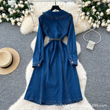 Small And Cooked Wind Dolls To Receive Waist Metal Buckle Temperament Casual Long Denim Dress 0011