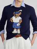 2025RL Autumn/Winter Casual Bear Embroidered Round Collar Collar Cotton Knitted Sweater For Adult Women Long-Sleeved Sweater Couple