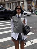 New Women's College Style V-Neck Folded Loose Sleeveless Knitted Vest Sweater