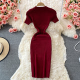 Korean Version Of The Solid Color Collar Buckle Body Short Sleeve Elastic Knitted Forked And Left-Sleeved Dress 0022