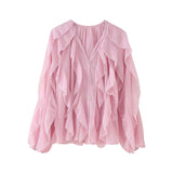 Is Women's V-Neck Folding Trim Shirt Long-Sleeved Top Loose Woman