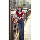 Summer Atmosphere Feeling Hong Kong Style Wearing Red V-Neck Repair Short-Sleeved T-Shirt With Temperament Micro-Tipped Jeans Women Two Sets