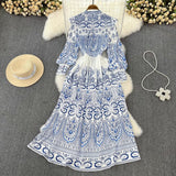 Spring And Autumn Retro Court Style Lotus Leaf Side V-Neck Single Buckle Lantern Sleeves To Close The Waist A Word Print Dress Woman
