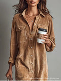 2025 Women's Elegant Workwear Style Pocket Button Velvet Shirt Dress Dress