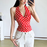 2025 Summer Women's New Hottie Sexy Black Wave Dot Print Spread Out Back V Collar Hanging Neck Tight Vest