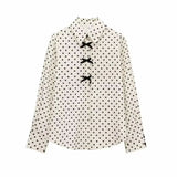 Velvet Bow Ornament Wave Point Printing Casual Shirt 2025 Spring And Summer Long-Sleeved Loose Women's Top