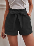 New 2025 Summer Women's Loose Flax Leisure Shorts Pocket Solid Colored High-Rise Broad Legs