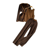 Ocean Printing Casual Set Of Women's Shawl Jacket + V Collar Bottom Knitted Shirt + Broad Leg Trousers Three Sets