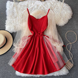 2025 Summer Bubble Sleeve V Collar Low-Thight Splicing Mesh Nail Beads A-Sleeve Short Sleeves Thin Middle And Long-Term Joint