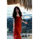 Seaside Holiday Style Temperament Sexy Irregular Dress Red Ribbon Bag Hip Dress