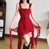 2025 Summer Women's New Temperament Pure Hot Girl Hanging Lotus Leaves Side Irregular Waist Dress Dress Woman