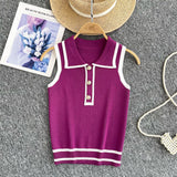 Minimalist Style Striped Knitted Sleeveless Vest Women's Summer Collar Slimming Design Chic Beautiful Little Man Top