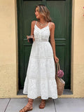 2025 Women's New Sling INS Hot V-Neck White Hollow Escium Embroidery Dress