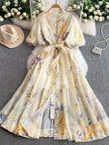 Court-Style Retro-Print Collar Bubble-Sleeved Dress Women's Summer Straps To The Waists To Show A Thin Swollen Dress
