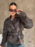 Autumn/Winter 2025 Explosion Long-Sleeved Collar With Short Locomotive Jacket Leather Coat Woman