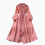 Vintage Fashion Casual Long-Sleeved Shirt Dress Women Loose Tidive With Long Skirt 0515