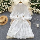 2025 Spring And Summer New Lantern Sleeve Retro Hollow Lace Splicing Single Buckle Loose Lace Dress Dress Woman