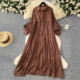 Artistic Retro Casual Dress Women's 2025 Spring Folding Lantern Sleeve Casual Loose Single-Dripple Shirt Long Dress