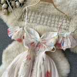 French One-Word Shoulder-Scaring Dress Women's Summer Gentle Wind To Close The Waist Mashed Flowers Bubble Sleeve Yarn Fairy Dress