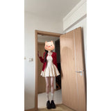 Age-Reduced Lazy Temperament Red Knitted Cardigan French Wave Dot Square Slings To Collect Waist Thin A Word Skirt