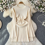 Autumn New Pure-Bround Hottie Body Long-Sleeved Knitted Dress Women Simple Round Collar Temperament Short Skirt