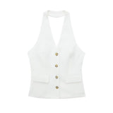 Autumn New Women's Folding Decoration High-Waist Wide Leg Pants Leak Back Hanging Neck Vest