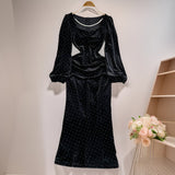 Hot Diamond Bag Hip Fish Tail Velvet Dress 2025 Autumn And Winter New Large Size Fat Mm Thin Dress 0447