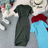 Short-Sleeved Solid-Color Temperament Round-Neck Knitted Tight Skirt Dress Bag Hip One-Step Skirt Dress Mid-Long Model