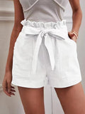 New 2025 Summer Women's Loose Flax Leisure Shorts Pocket Solid Colored High-Rise Broad Legs
