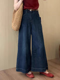 Hong Kong Wind Dark Blue High-Waisted Horn Nine-Point Jeans Women 2025 Autumn Small Loose Thin Broad Leg Pants