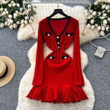 New Autumn/Winter 2025 New Waffle Small Scent Style V-Neck Knitted Dress