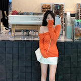 Autumn Thin Wears Slimy Shoulder T-Shirt Top High Waist Straight Bag Hip Skirt Two Sets