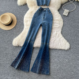 Fashion Hot Diamond Cowboy Suit Women's Summer Sleeveless Chest Vest + High-Waisted Denim Horn Trousers