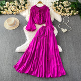 Gentle Style Pink Three-Dimensional Flower Collar Lantern Sleeve Shirt Lady Autumn High-Rise Dress Set