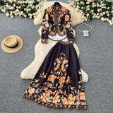 Court-Style Dress Dress Woman 2025 New French Waist Bubble Sleeve Print Top High Waist Swing Long Skirt
