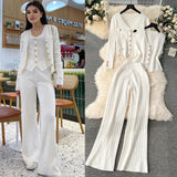 High-End Feel Set 2025 Spring Women's Metal Buckle Vest Knitted Open-Shirt Broad Leg Pants Fashion Three-Piece Set