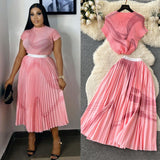Miyaji Fashion Set Women's Summer French High-Grade Folding Print Short-Sleeved Top + Loose A Word 100-Fold Long Skirt