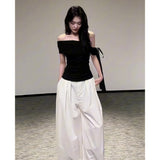 Summer Beautiful Wearing A Suit Girl Little Hot Girl A Word On The Shoulder Wearing White Broad Leg Pants A Complete Set