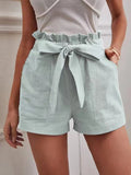 New 2025 Summer Women's Loose Flax Leisure Shorts Pocket Solid Colored High-Rise Broad Legs