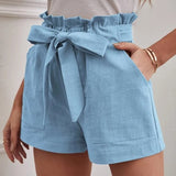 New 2025 Summer Women's Loose Flax Leisure Shorts Pocket Solid Colored High-Rise Broad Legs