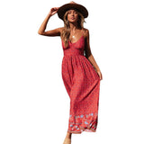 2025 Summer New Large Swing Skirt Women's Bohemian V Tie Sling Broken Floral Dress