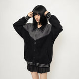 Autumn And Winter Wearing Black Ash Splicing Colliding College Style Cardigan Sweater Over The Couple Niche Oversize Knitwear Shirt