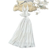 White Holiday Set Women In Summer Pure Want To Close Waist Hanging Neck Lace Splicing Sling Vest Fairy Chiffon Half-Body Skirt